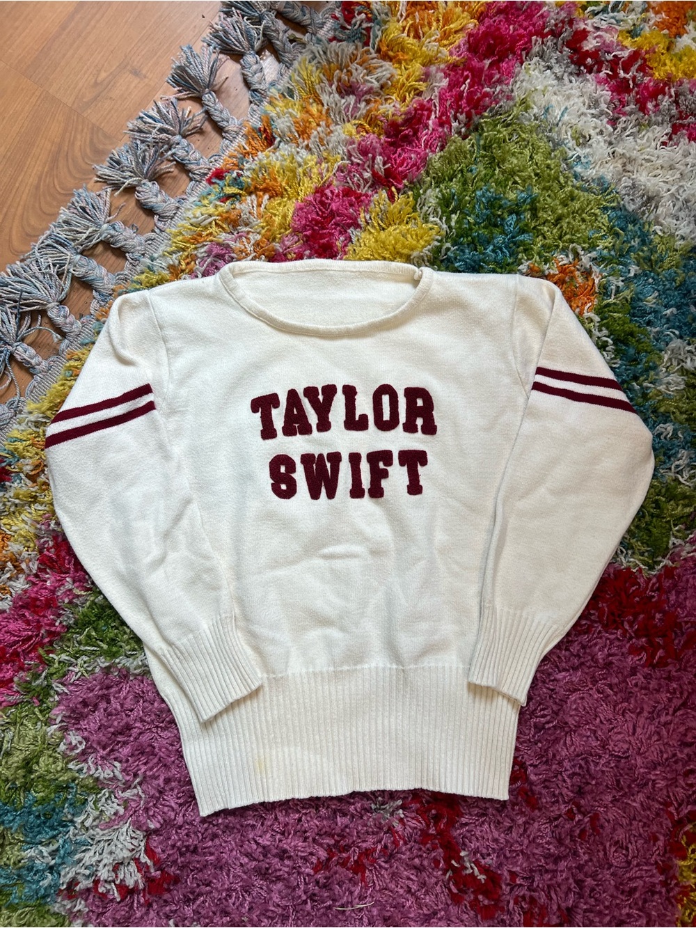 Taylor Swift Red Era White Crewneck Sweater with Burgundy Lettering